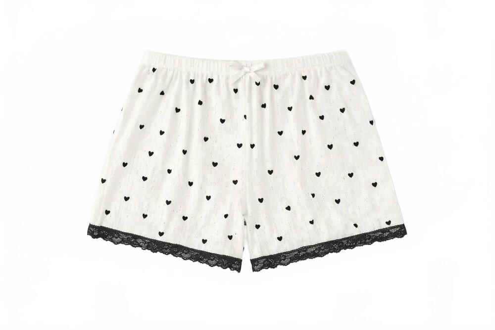 NEW THEME girls teddy pointelle shorts in white with black hearts